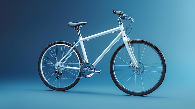 Esta es una representación 3D de una bicicleta es un diseño simple y limpio con un marco blanco y ruedas negras la bicicleta está de pie sobre un fondo azul