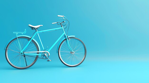 Esta es una representación en 3D de una bicicleta vintage. La bicicleta es azul y tiene un asiento y un manillar blancos. El fondo es de color azul claro.