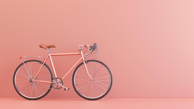 Esta es una representación en 3D de una bicicleta vintage con un fondo rosa. La bicicleta es un diseño simple con un asiento marrón y un manillar.