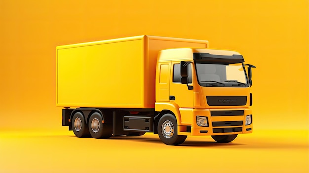 Esta es una representación en 3D de un camión de entrega amarillo. El camión tiene un cuerpo en forma de caja con la palabra CARGO en el lado.