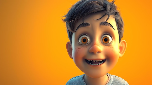 Esta es una representación en 3D de la cara de un niño. Tiene el cabello y los ojos marrones y está sonriendo.