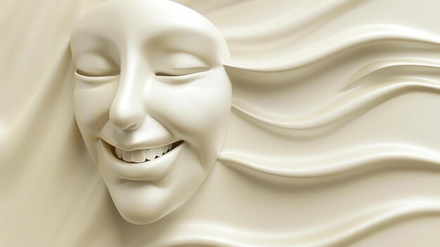 Foto esta es una representación en 3d de una cara sonriente feliz hecha de chocolate blanco. la cara está puesta contra un fondo de chocolate blanco que fluye.