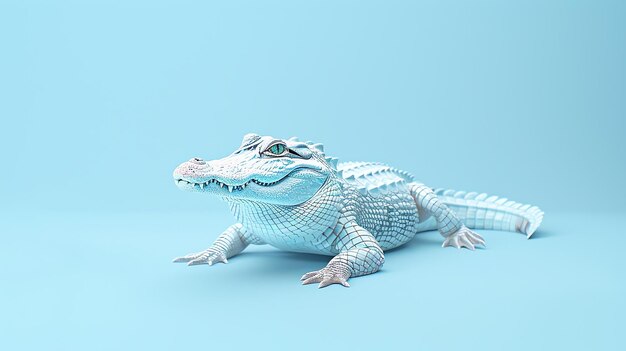 Esta es una representación en 3D de un cocodrilo azul el cocodrillo está sentado sobre un fondo azul y mirando a la cámara