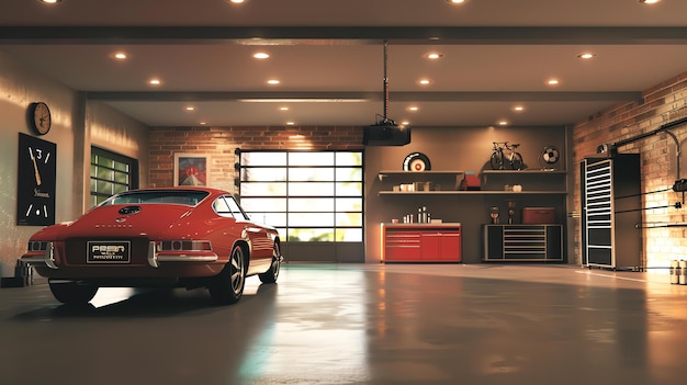 Esta es una representación en 3D de un garaje moderno con un coche vintage rojo estacionado dentro