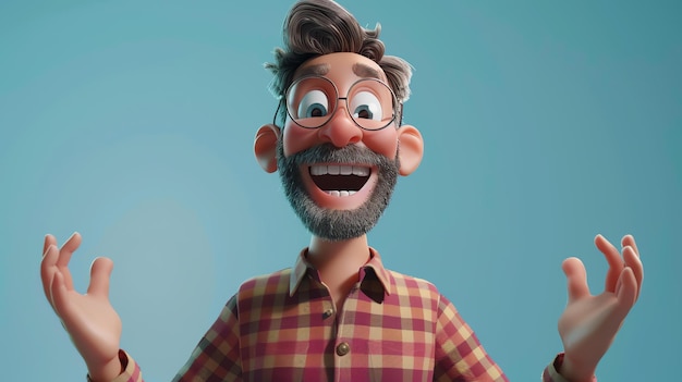 Esta es una representación en 3D de un hombre de dibujos animados con gafas una barba y una camisa a cuadros tiene las manos en el aire y parece emocionado y feliz