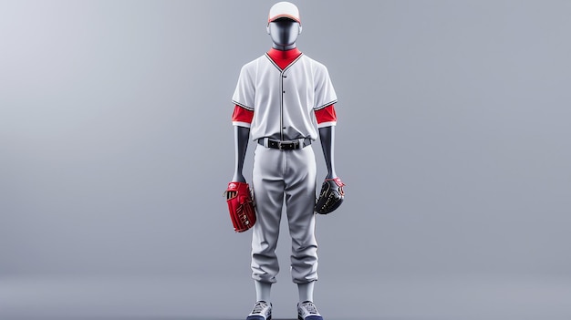 Esta es una representación en 3D de un jugador de béisbol que lleva un uniforme blanco y rojo, una gorra roja y zapatillas rojas y blancas.