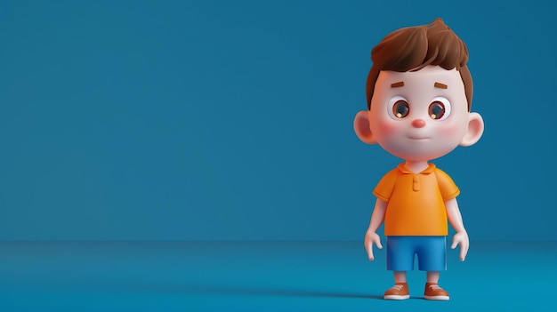 Esta es una representación en 3D de un lindo niño que lleva una camisa naranja y pantalones cortos azules tiene cabello marrón y ojos azules