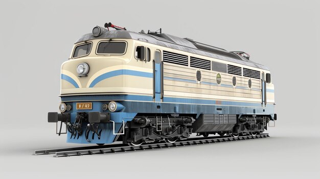 Foto esta es una representación en 3d de una locomotora eléctrica antigua tiene un cuerpo crema y azul con una franja roja a lo largo de la parte inferior