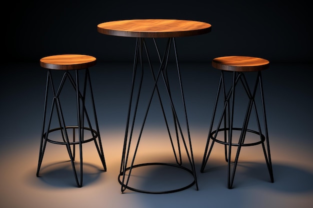 Esta es una representación en 3D de una mesa de bar con dos taburetes. La mesa está hecha de madera y tiene una base de metal.
