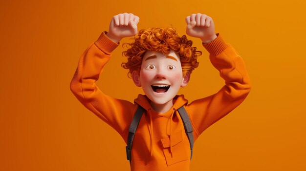Esta es una representación en 3D de un niño con cabello rojo rizado y pecas, lleva una sudadera naranja con capucha y una mochila.