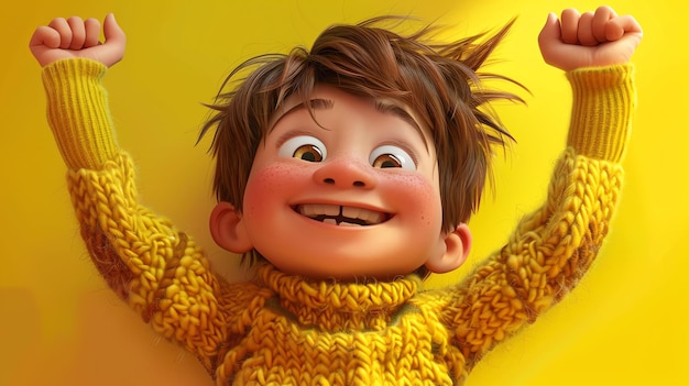 Esta es una representación en 3D de un niño pequeño tiene cabello y ojos marrones lleva un suéter amarillo