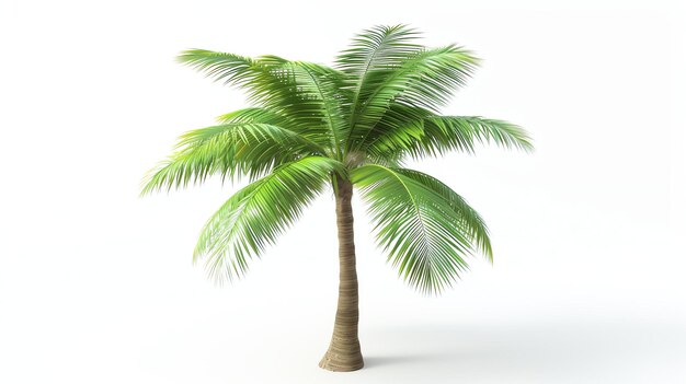 Esta es una representación 3D de una palmera realista La palmera tiene un tronco marrón y hojas verdes y está aislada sobre un fondo blanco