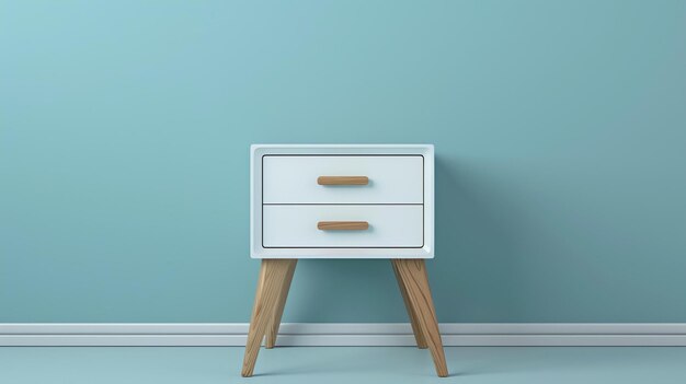 Esta es una representación minimalista de una mesa de noche blanca con patas de madera contra un fondo azul La mesa de noche tiene dos cajones y un diseño simple