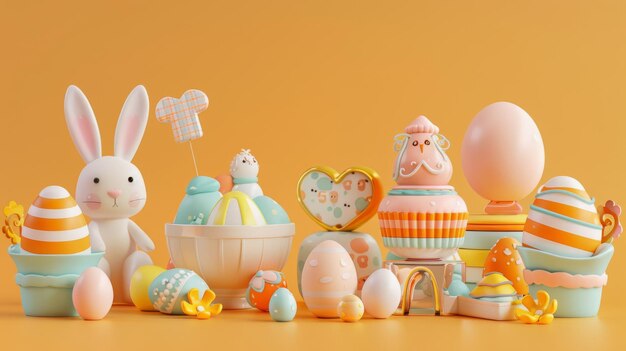 Este es un set festivo dulce ilustrado de Pascua aislado sobre un fondo naranja claro incluye huevos pintados un conejo de porcelana un cuenco de huevos una capa de pastel y un pastel