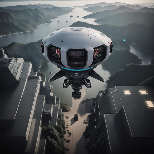Es sieht futuristisch aus und fliegt über eine Stadt mit einem See