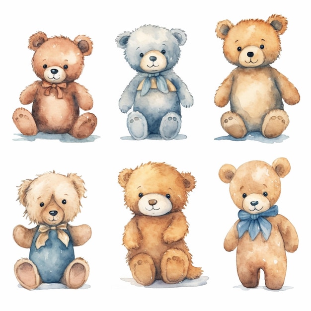 Es sitzen vier verschiedene Teddybären nebeneinander, generative KI
