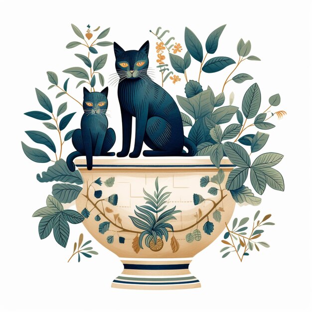 Foto es sitzen zwei katzen in einer vase mit pflanzen und blättern.