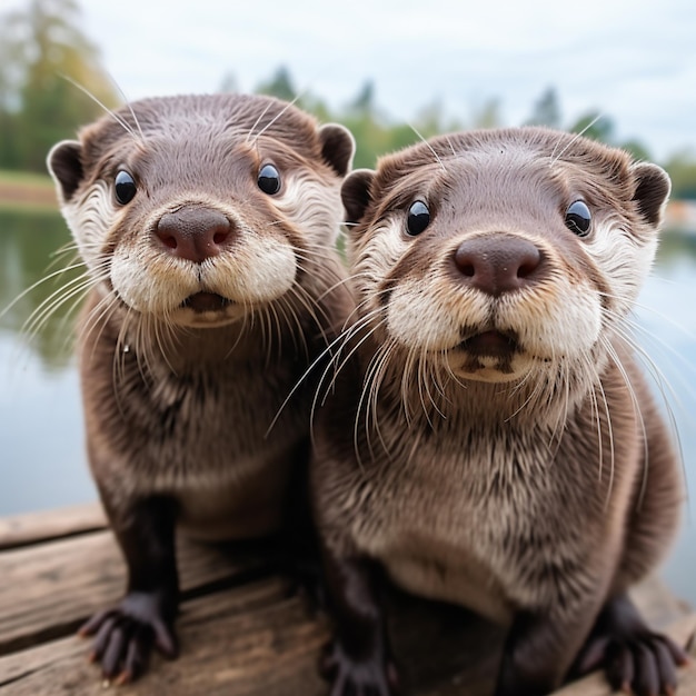 Foto es sitzen zwei otter auf einem dock neben einem wasserkörper.