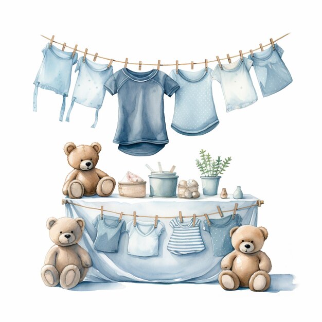 Es sitzen zwei Teddybären auf einem Tisch mit Kleidung, die an einer Linie hängt.