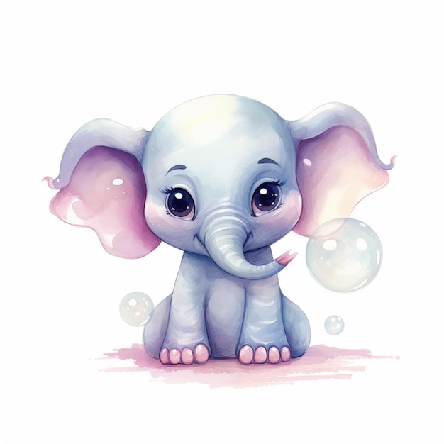 Es sitzt ein Baby-Elefant auf dem Boden mit Blasen, die generativ sind.