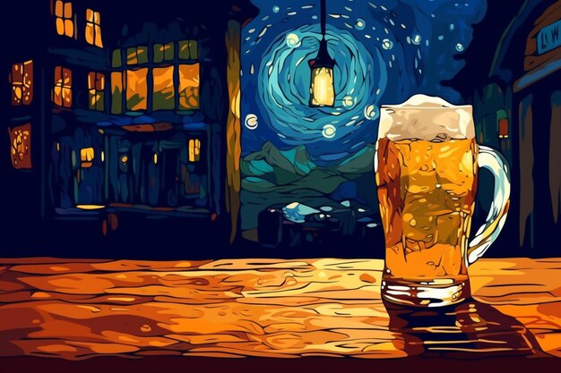 Es sitzt ein Bierglas auf einem Tisch vor einem Gebäudegenerativ-Ai