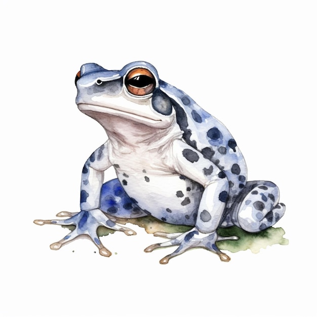 Es sitzt ein blau-weißer Frosch auf einem Blatt.