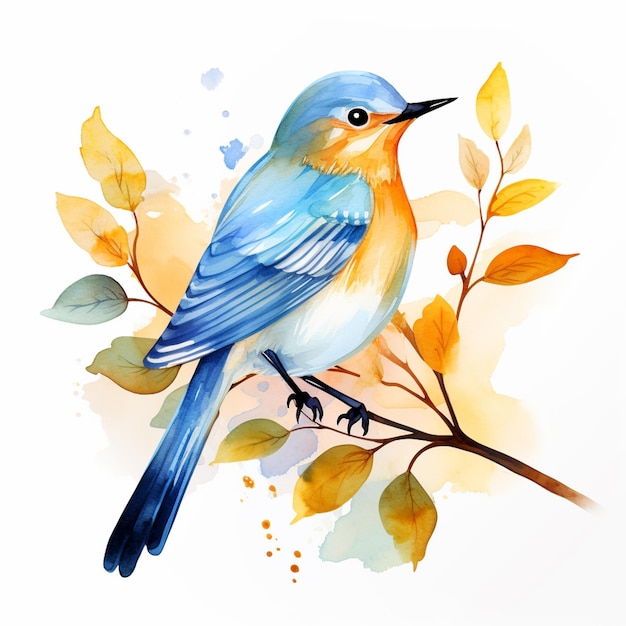 Es sitzt ein blauer Vogel auf einem Zweig mit blättrigen Blättern.