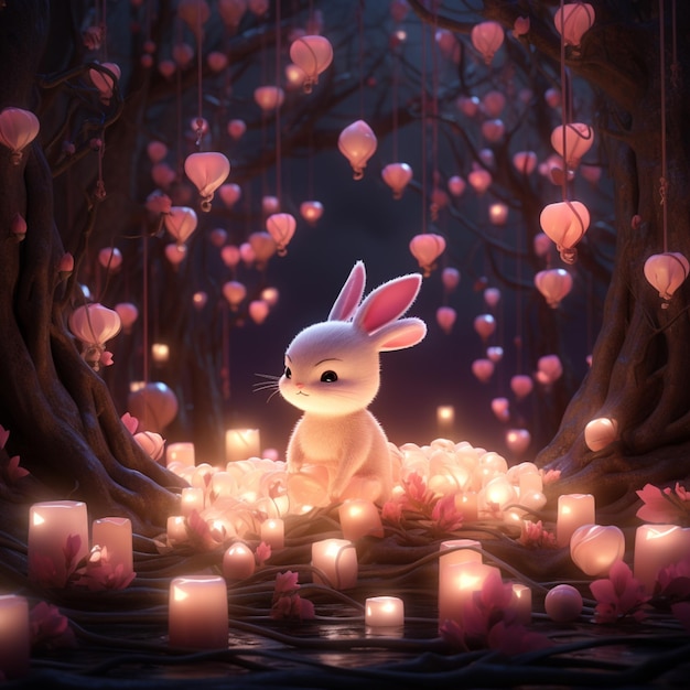 Es sitzt ein Kaninchen in einem Feld von Kerzen.