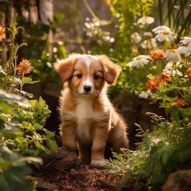 Es sitzt ein kleiner Hund mitten in einem Garten.