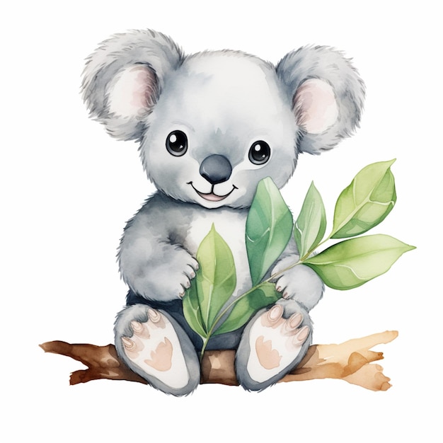 Es sitzt ein Koala-Bär auf einem Zweig mit blättrigen Blättern.