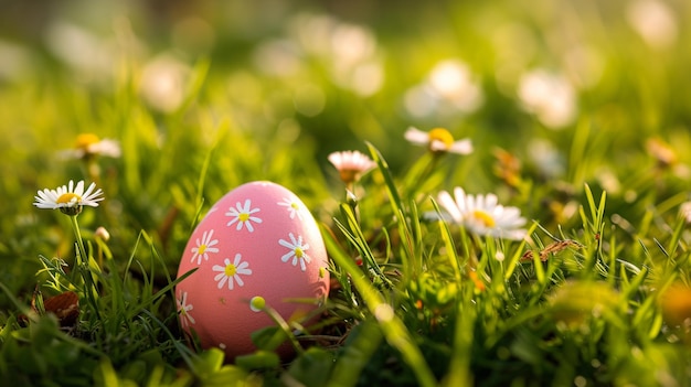 Es sitzt ein rosa Ei im Gras mit Gänseblümchen.