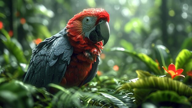 Es sitzt ein roter und schwarzer Papagei auf einem Baumzweig.
