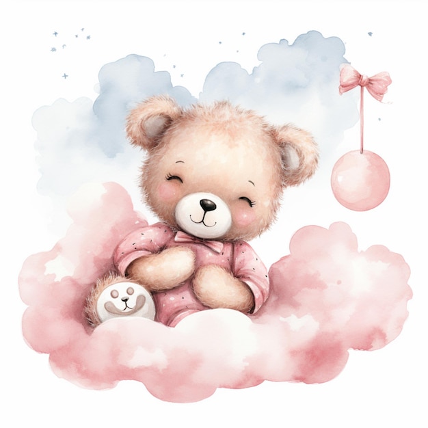 Es sitzt ein Teddybär auf einer Wolke mit einem rosa Bogen.