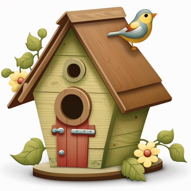 Es sitzt ein Vogel auf dem Dach eines Vogelhauses.