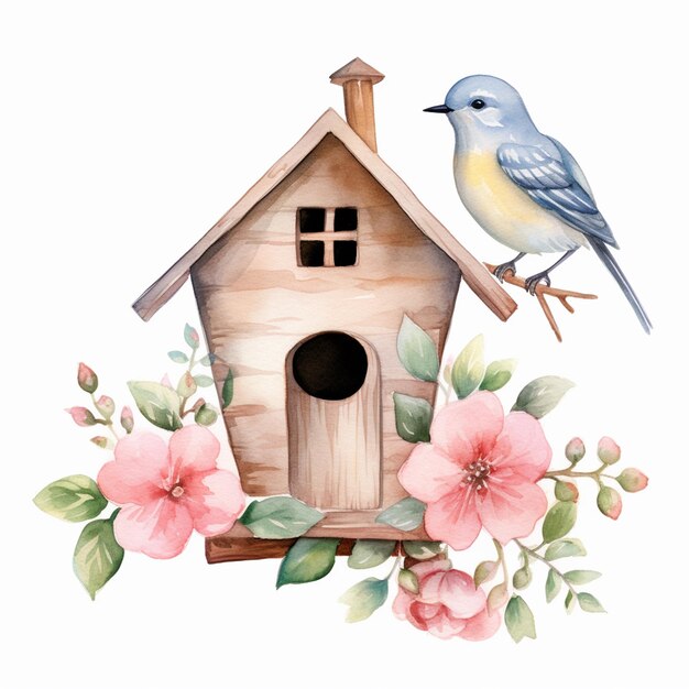 Es sitzt ein Vogel auf einem Vogelhaus mit Blumen um ihn herum.