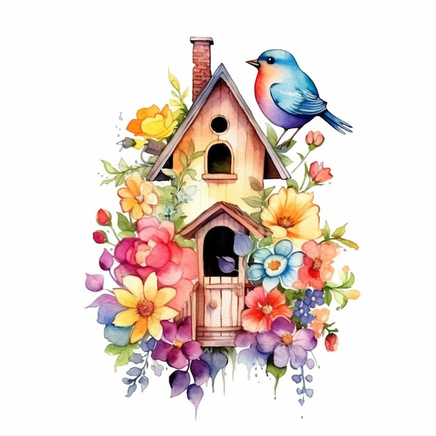 Es sitzt ein Vogel auf einem Vogelhaus mit Blumen