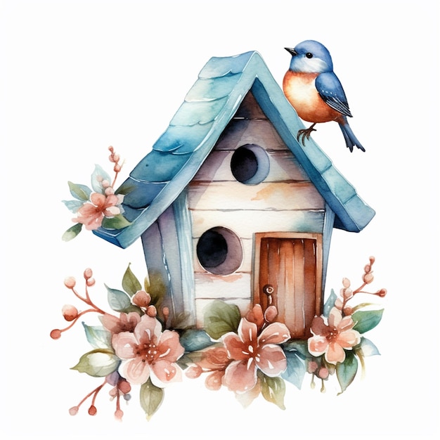 Es sitzt ein Vogel auf einem Vogelhaus mit Blumen.