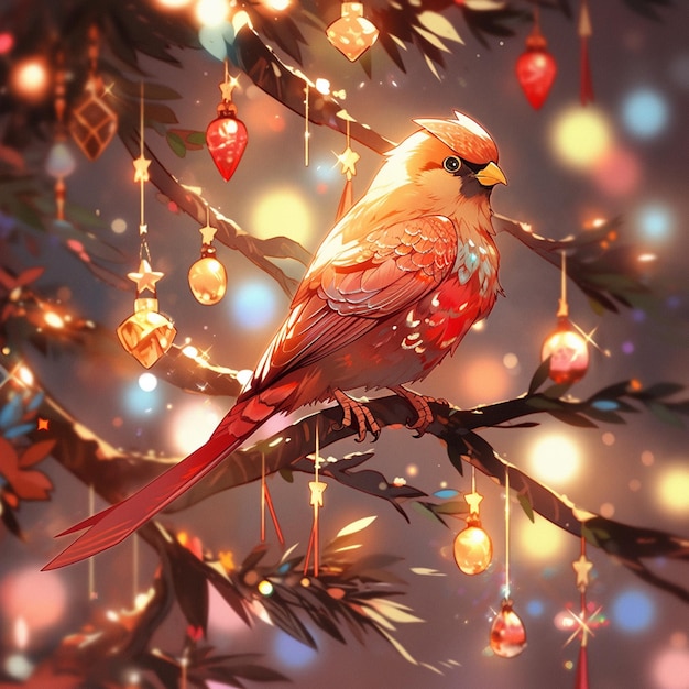 Es sitzt ein Vogel auf einem Zweig, an dem Ornamente hängen.