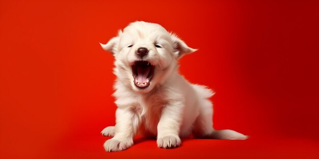 Es sitzt ein weißer Hund auf einer roten Oberfläche mit offenem Mund.