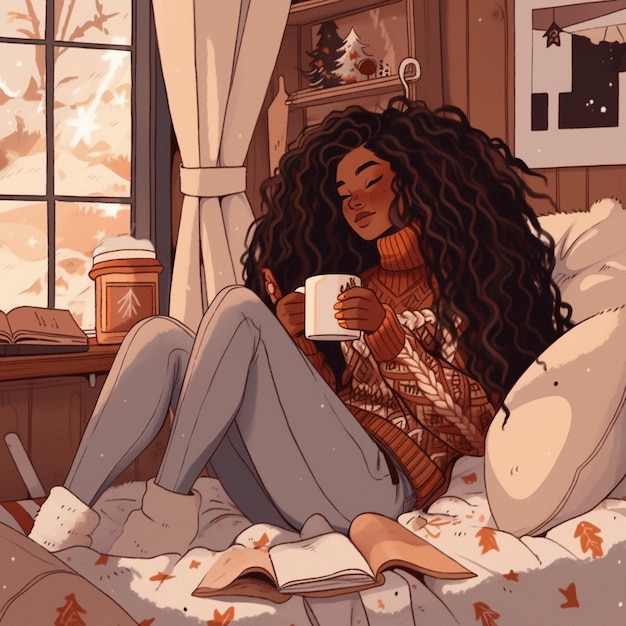 Es sitzt eine Frau mit einer Tasse Kaffee auf einem Bett.