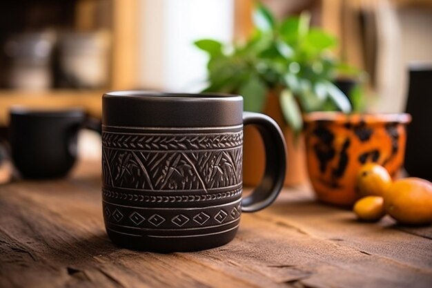 Foto es sitzt eine schwarze kaffeetasse auf einem holztisch.