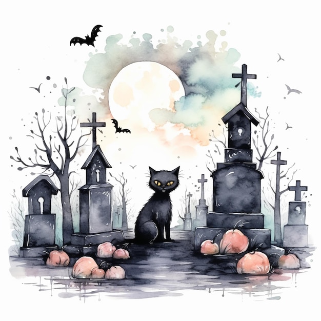 Es sitzt eine schwarze Katze auf einem Friedhof mit Kürbissen.