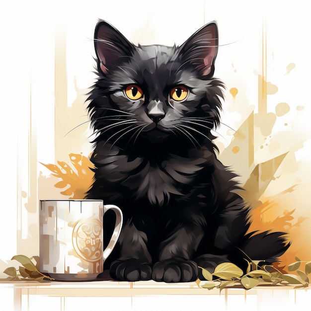 Es sitzt eine schwarze Katze neben einer Kaffeetasse.