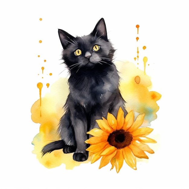 Es sitzt eine schwarze Katze neben einer Sonnenblume