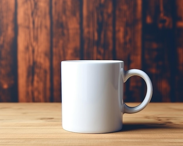 Es sitzt eine weiße Kaffeetasse auf einem Holztisch.