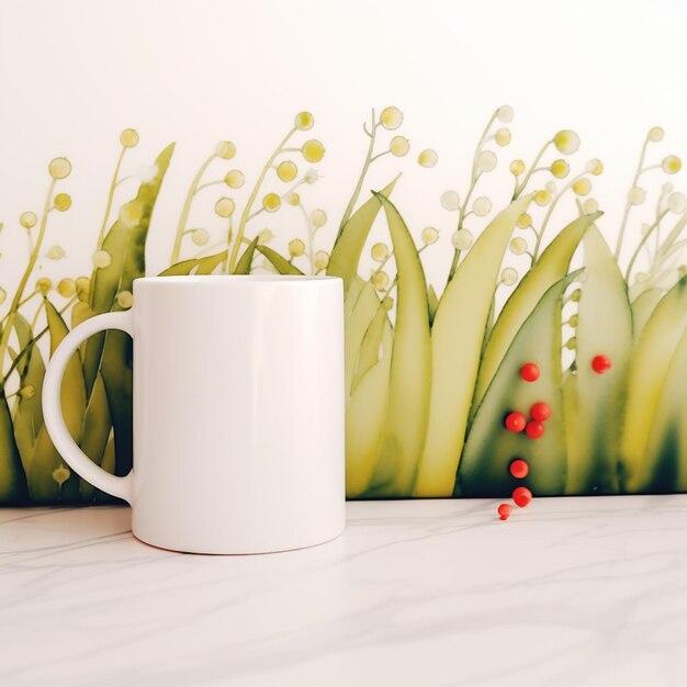 Es sitzt eine weiße Kaffeetasse auf einem Tisch mit einer Tapete dahinter.