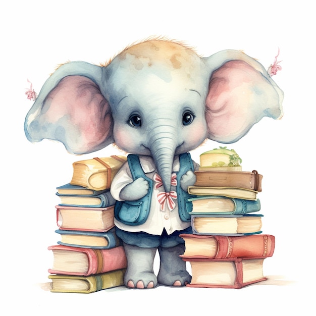 Es steht ein Elefant neben einem Stapel Bücher.