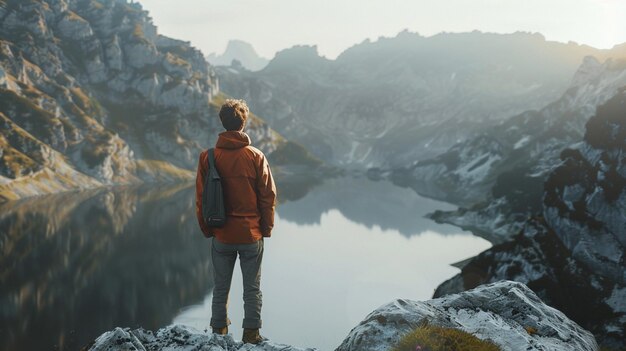 Es steht ein Mann auf einem Felsen mit Blick auf einen See.