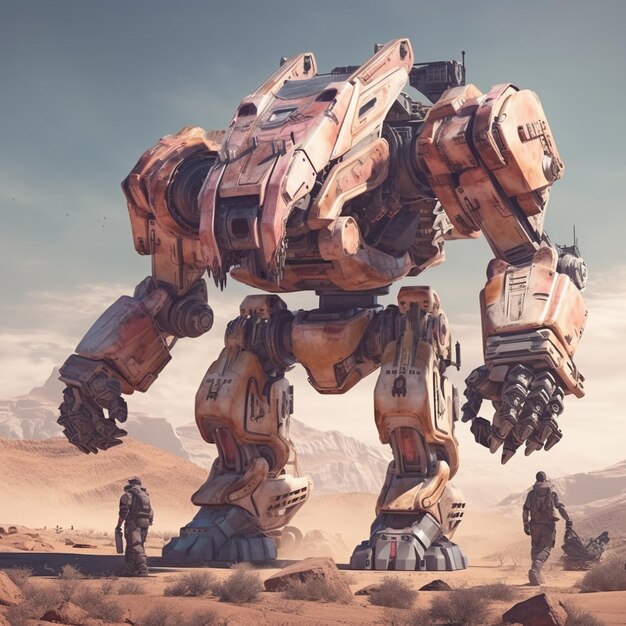 Es steht ein riesiger Roboter in der Wüste mit Menschen, die eine künstliche Intelligenz erzeugen.
