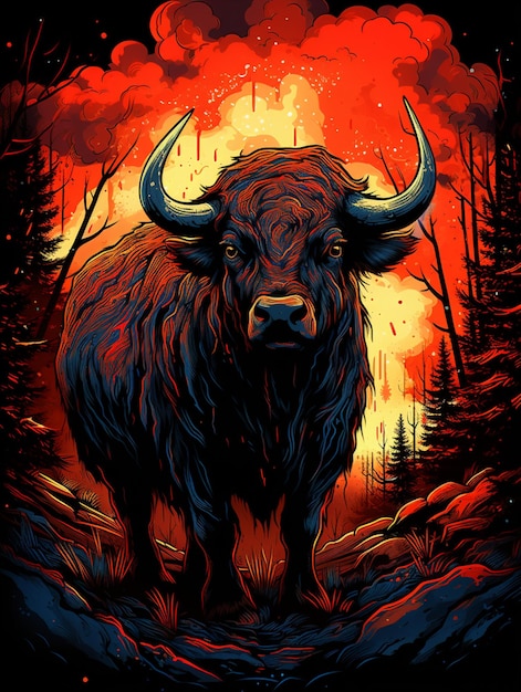Es steht ein Stier im Wald mit einem roten Himmel.